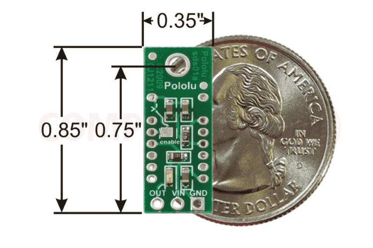 Dimension of the GP2Y0D810Z0F Sensor Module compared with a Coin