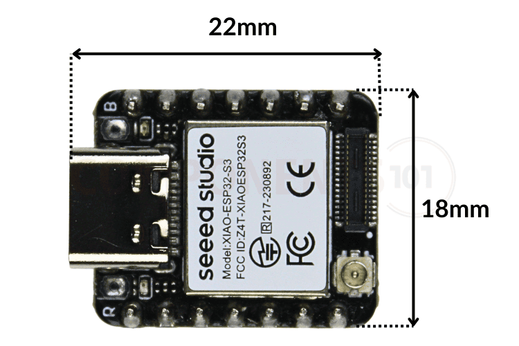 XIAO ESP32-S3 PCB dimensions diagram showing 21mm x 17.5mm board size with pin spacing measurements